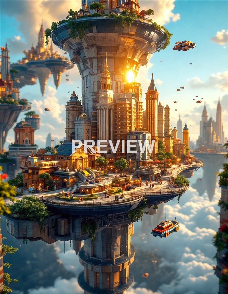 A futuristic city with tall, ornate skyscrapers and floating islands in the sky, illuminated by the setting sun with flying vehicles and lush greenery on the rooftops.